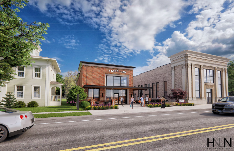 A rendering of a proposed Starbucks, which would sit beside an historic bank building in the village of Fairport. The bank building, originally home to Fairport National Bank and Trust Company and most recently a Bank of America branch, would get a restaurant operated by the owners of the Cub Room.