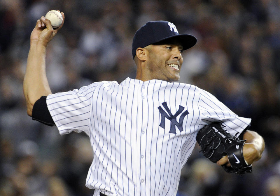 New York Yankees pitcher Mariano Rivera, who is retiring at the end of the season, delivers the ball to the Tampa Bay Rays during the eighth inning of a baseball game Thursday, Sept. 26, 2013, at Yankee Stadium in New York. Rivera was making his final appearance at home for the Yankees, who lost 4-0. (AP Photo/Bill Kostroun)