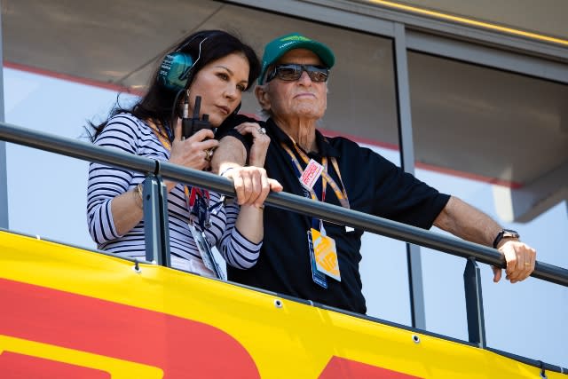  Aston Martin F1 team guests Michael Douglas and Catherine Zeta Jones during qualifying ahead of the F1 Grand Prix of Monaco at Circuit de Monaco on May 27, 2023 in Monte-Carlo, Monaco. 