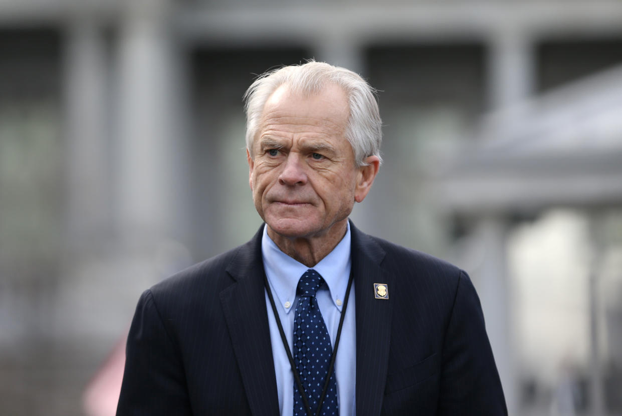 White House trade adviser Peter Navarro listens to a news conference about a presidential executive order relating to military veterans outside of the West Wing of the White House in Washington, U.S. March 4, 2019. REUTERS/Leah Millis