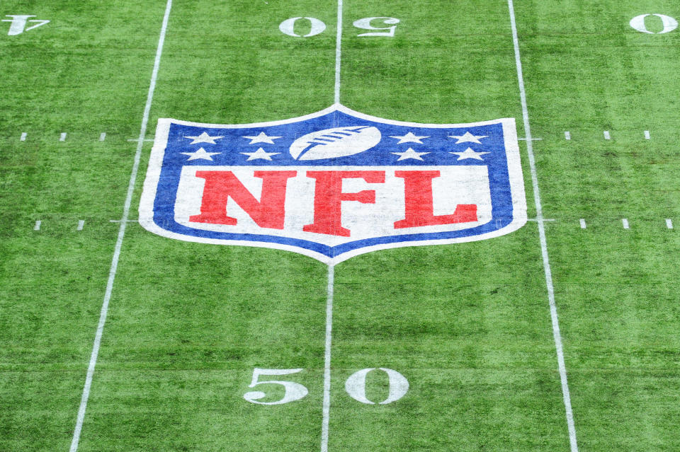 LONDON, ENGLAND - OCTOBER 13: Detailed view of the NFL logo on the pitch during the NFL match between the Carolina Panthers and Tampa Bay Buccaneers at Tottenham Hotspur Stadium on October 13, 2019 in London, England. (Photo by Alex Burstow/Getty Images)