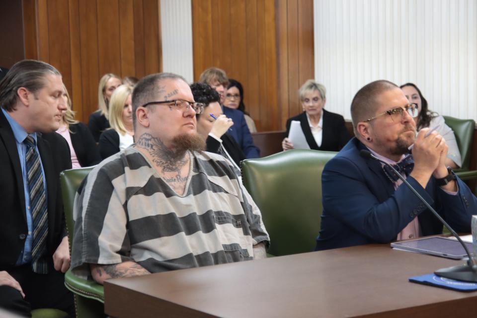 Steven Douglas Bails Jr., left, is pictured with his attorney, Joel Kershaw, while being sentenced Thursday in the 38th Circuit Court in Monroe. He was convicted by a jury of first-degree murder and conspiracy to commit murder in the death of Kayla Sedoskey in 2023.