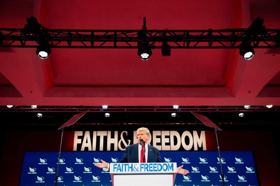 Former president Donald Trump addresses the Faith and Freedom CoalitionÕs conference in June in Washington. (Haiyun Jiang/The New York Times)