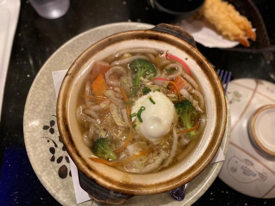 Hot pot, made from meat and vegetables simmered in broth, at Fuji 72 in Stafford.