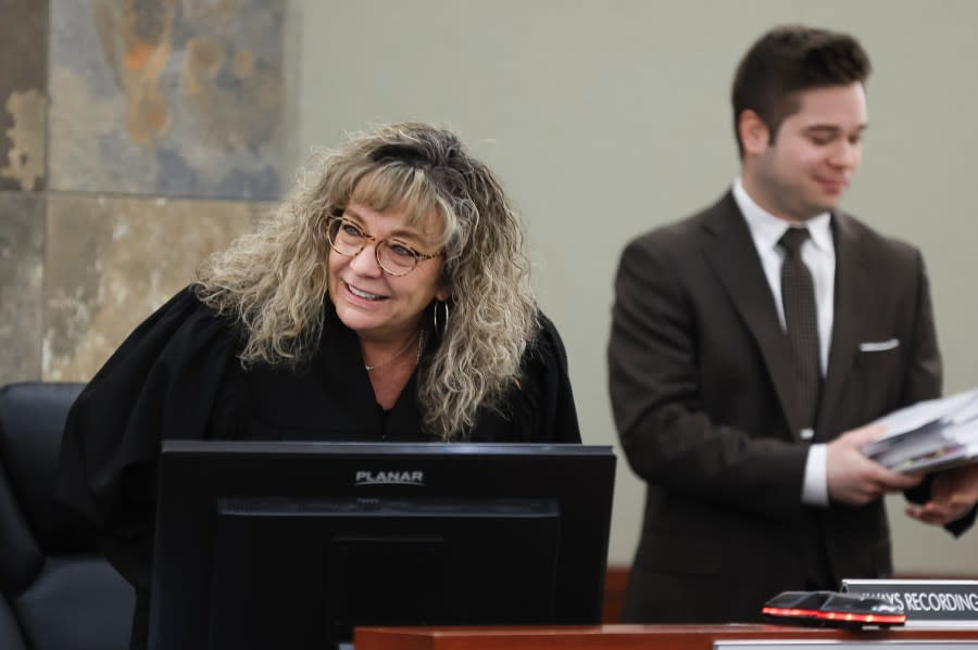 FILE – Judge Mary Kay Holthus presides in court in Las Vegas, March 4, 2024. A Nevada state court judge dismissed a criminal indictment Friday, June 21, 2024, against six Republicans accused of submitting certificates to Congress falsely declaring Donald Trump the winner of the state’s 2020 presidential election. (Wade Vandervort/Las Vegas Sun via AP, File)