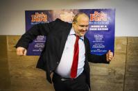 Geoff Stone dances during media interviews following his audition for "Rob Ford The Musical: The Birth of a Ford Nation" in Toronto June 16, 2014. Toronto Mayor Rob Ford, who shot to prominence last year after admitting to smoking crack, buying illegal drugs and driving after drinking, insisted for months he did not have a problem. But last month he said he would take time off to deal with his drinking issues. REUTERS/Mark Blinch (CANADA - Tags: POLITICS SOCIETY ENTERTAINMENT)