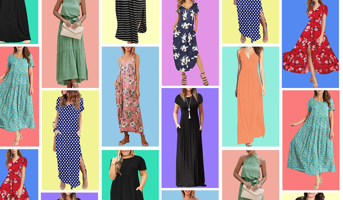 A grid of models wearing maxi dresses.