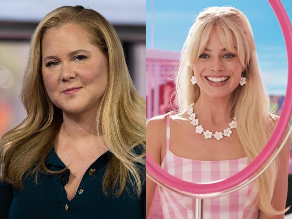 A composite of Amy Schumer in a marine shirt and Margot Robbie wearing a pink striped dress and floral earrings while playing Barbie in "Barbie."