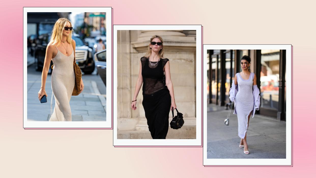  Three people wearing crochet dresses for their summer streetstyle, in a cream and pink template 