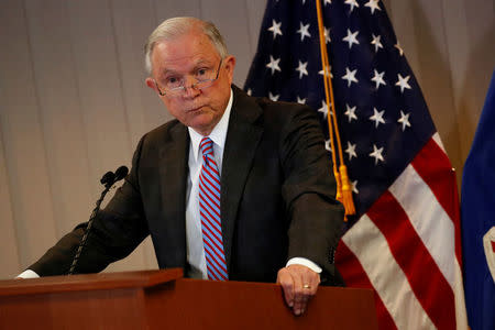 FILE PHOTO - U.S. Attorney General Jeff Sessions delivers remarks on the U.S. system for asylum-seekers at the Executive Office for Immigration Review in Falls Church, Virginia, U.S. October 12, 2017. REUTERS/Jonathan Ernst