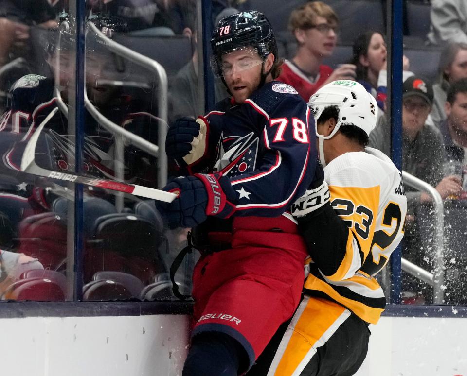 Blue Jackets management showed its belief that Columbus could be competitive this season when it signed defenseman Damon Severson, left, to a lucrative, long-term contract