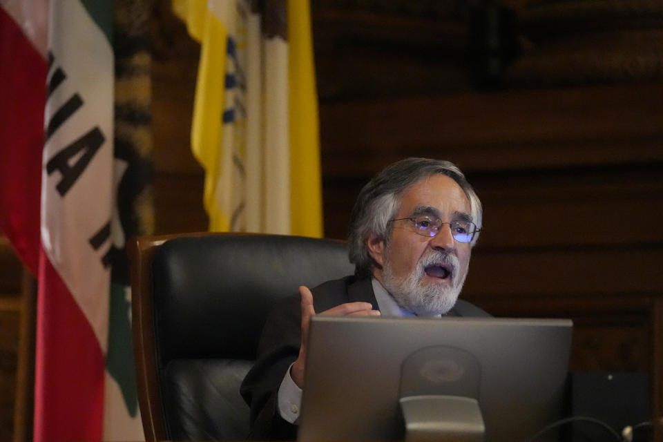 Aaron Peskin, president of the San Francisco Board of Supervisors, speaks during a special Board of Supervisors hearing about reparations in San Francisco, Tuesday, March 14, 2023. Supervisors in San Francisco are taking up a draft reparations proposal that includes a $5 million lump-sum payment for every eligible Black person. (AP Photo/Jeff Chiu)