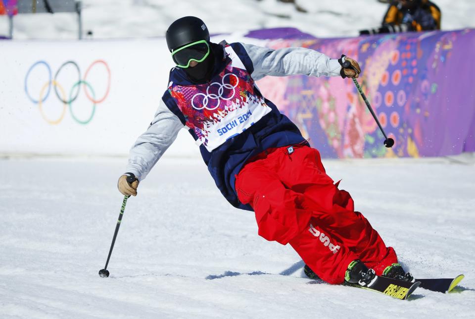 Joss Christensen of the U.S. skis during the men's freestyle skiing slopestyle finals at the 2014 Sochi Winter Olympic Games in Rosa Khutor February 13, 2014. REUTERS/Mike Blake