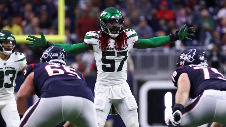 New York Jets middle linebacker C.J. Mosley (57) reacts before a play during the fourth quarter against the Houston Texans at NRG Stadium.