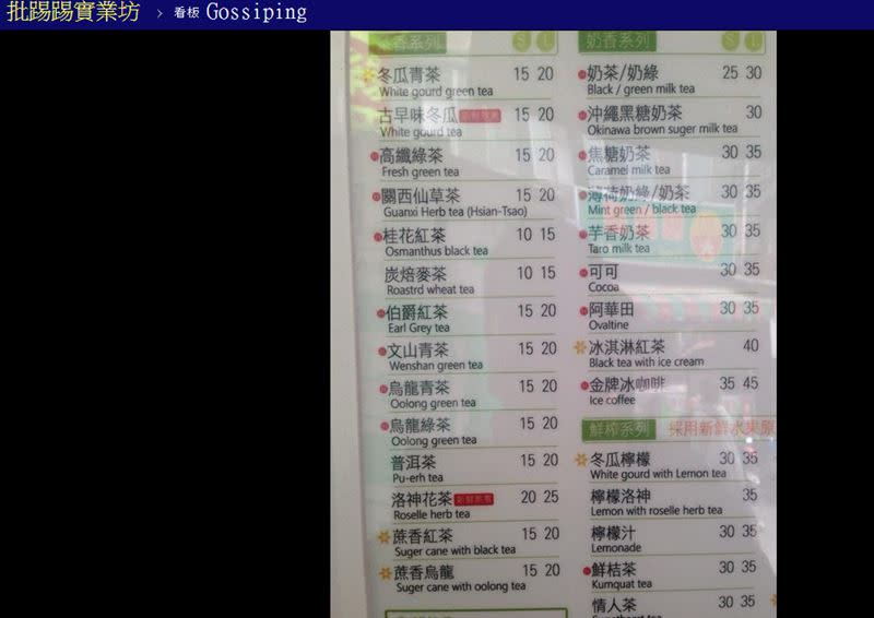 網友貼出疑似20年前的手搖飲料菜單。（圖／翻攝自PTT）