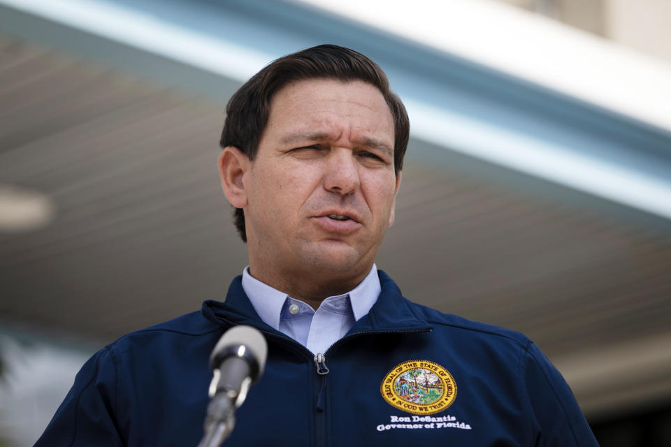 Governor <span class="caas-xray-inline-tooltip"><span class="caas-xray-inline caas-xray-entity caas-xray-pill rapid-nonanchor-lt" data-entity-id="Ron_DeSantis" data-ylk="cid:Ron_DeSantis;pos:2;elmt:wiki;sec:pill-inline-entity;elm:pill-inline-text;itc:1;cat:OfficeHolder;" tabindex="0" aria-haspopup="dialog"><a href="https://search.yahoo.com/search?p=Ron%20DeSantis" data-i13n="cid:Ron_DeSantis;pos:2;elmt:wiki;sec:pill-inline-entity;elm:pill-inline-text;itc:1;cat:OfficeHolder;" tabindex="-1" data-ylk="slk:Ron DeSantis;cid:Ron_DeSantis;pos:2;elmt:wiki;sec:pill-inline-entity;elm:pill-inline-text;itc:1;cat:OfficeHolder;" class="link ">Ron DeSantis</a></span></span> gives a briefing regarding Hurricane Dorian to the media at National Hurricane Center on August 29, 2019 in Miami, Florida. Hurricane Dorian is expected to become a Category 4 as it approaches Florida in the upcoming days.
