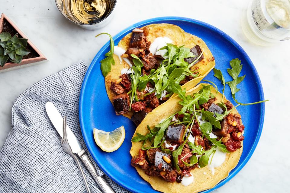 Chickpea Crêpe "Tacos" with Eggplant and Lamb
