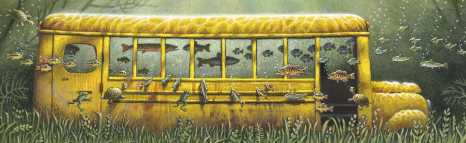 This image provided by Loren Long shows artwork from the book "The Yellow Bus." Long, the illustrator of best-selling children’s books by former President Barack Obama, Madonna and poet Amanda Gorman has a 6-figure deal with a Macmillan imprint for two of his own projects. Loren Long’s first book under his new contract is “The Yellow Bus,” scheduled for June 2024. (Loren Long via AP)