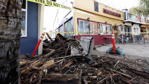 PHOTO: Debris is seen piled up in front of a restaurant following a massive storm that hit the area on Jan. 6, 2023, in Capitola, Calif. (Justin Sullivan/Getty Images)