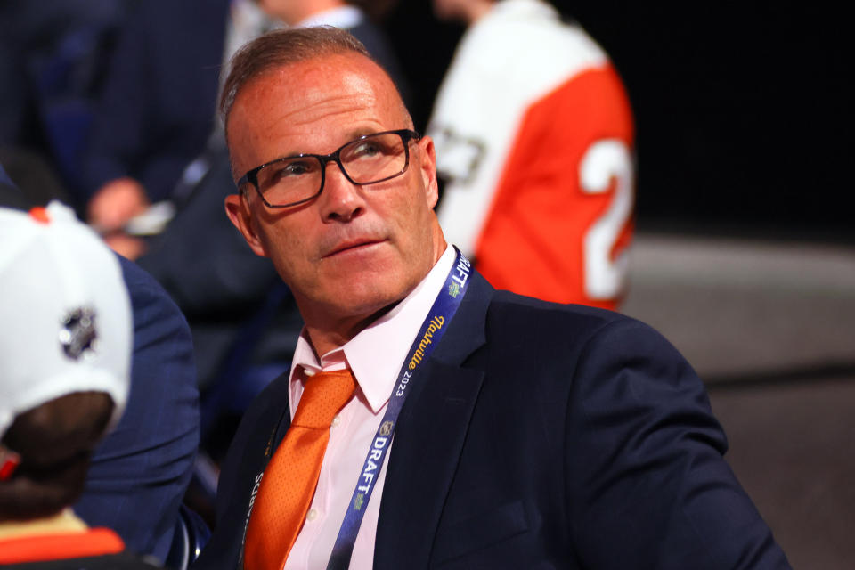 NASHVILLE, TENNESSEE - JUNE 28: Head coach Greg Cronin of the Anaheim Ducks looks on during round one of the 2023 Upper Deck NHL Draft at Bridgestone Arena on June 28, 2023 in Nashville, Tennessee. (Photo by Bruce Bennett/Getty Images)