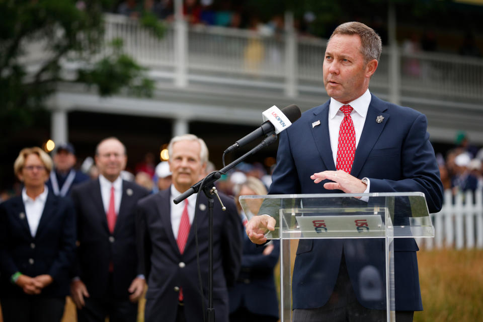 BROOKLINE, MASSACHUSETTS - JUNE 19: Mike Whan, USGA CEO, speaks during the trophy ceremony after the final round of the 122nd U.S. Open Championship at The Country Club on June 19, 2022 in Brookline, Massachusetts. (Photo by Jared C. Tilton/Getty Images)