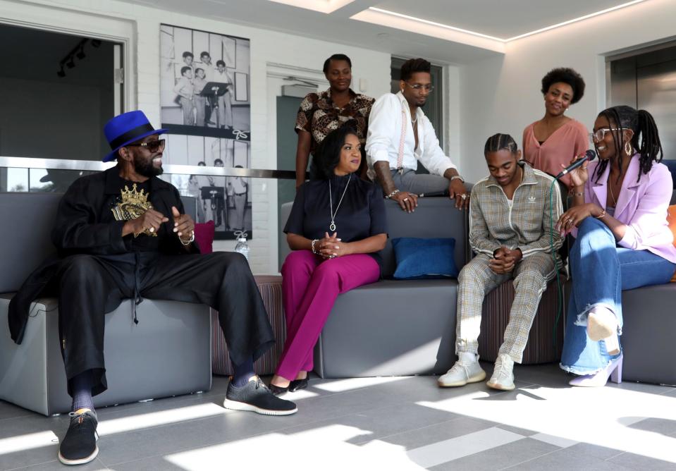 Temptations singer Otis Williams tells stories and answers questions as Motown Museum CEO and Chairwoman, Robin Terry along with five of 13 Hitsville Next artists in the room, Brittney Hayden, Drey Skonie, King Bethel, Tozzi and Lolly Mariah listen during an hour-long roundtable discussion at the Motown Museum in Detroit on Wednesday, October 4, 2023.