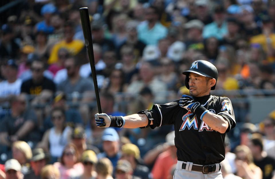 Ichiro Suzuki #51 of the Miami Marlins at bat in the third inning during the game against the Pittsburgh Pirates at PNC Park on June 10, 2017 in Pittsburgh, Pennsylvania.