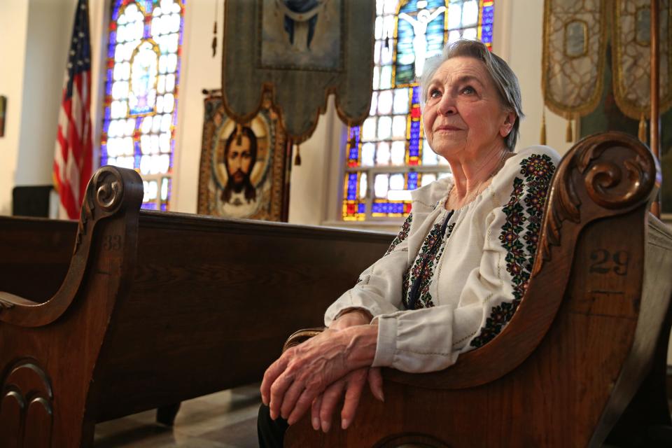 Sophia Torcivia, president of the parish council for St. Mary's Ukrainian Orthodox Church in Milwaukee at 1231 W Scott St on Wednesday, April 13, 2022. Her family fled war in Ukraine during WW2 - and celebrating Easter despite the difficult circumstances.