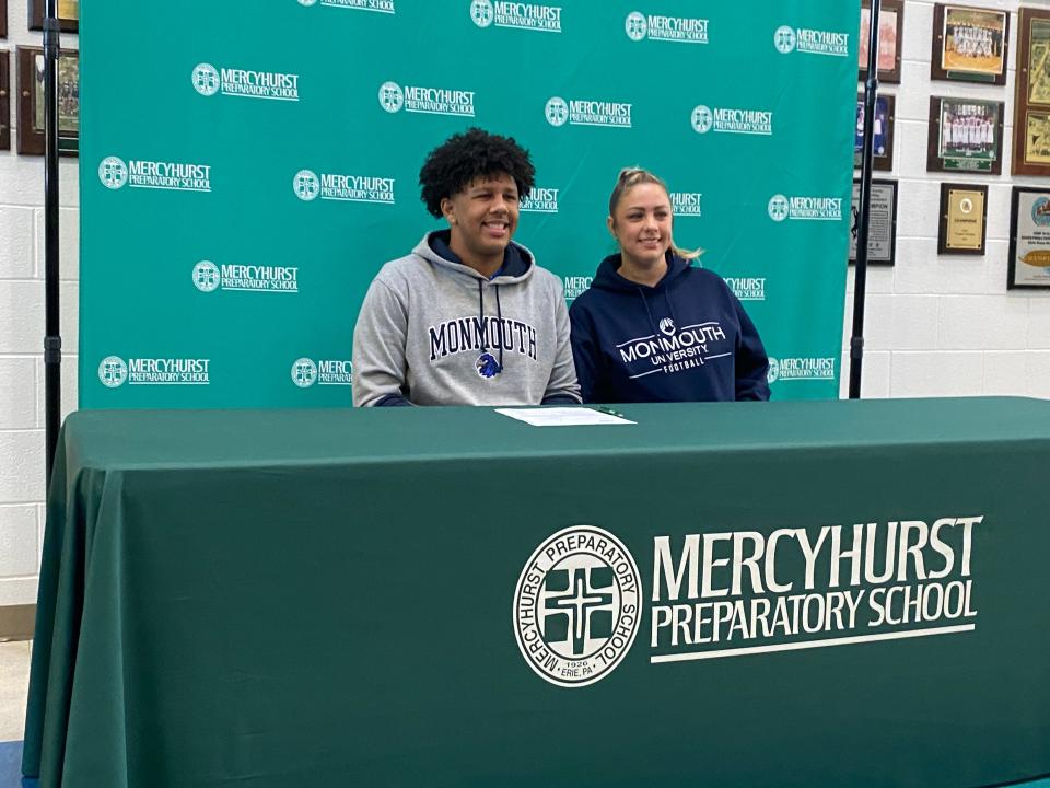 Mercyhurst Prep senior Sean Sokolowski, left, signed a National Letter of Intent at a ceremony Dec. 22, confirming his commitment to play football at Monmouth University. Sokolowski was named to the Pennsylvania Football Writers’ All-State Team in Class 2A on Thursday.