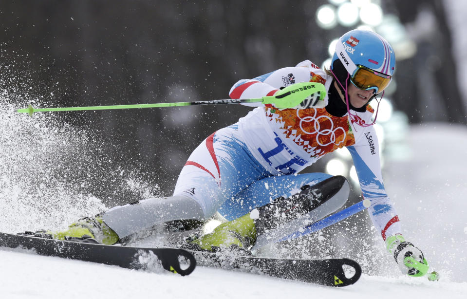 Silver medalist Austria's Nicole Hosp passes a gate in the slalom portion of the women's supercombined at the Sochi 2014 Winter Olympics, Monday, Feb. 10, 2014, in Krasnaya Polyana, Russia. (AP Photo/Luca Bruno)