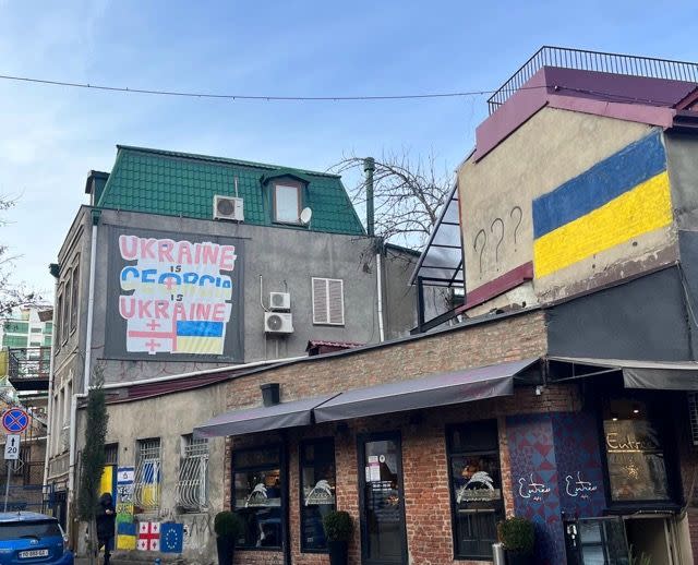 Pro-Ukraine graffiti and murals on a Tbilisi street on Jan. 12, 2024. (Nate Ostiller/The Kyiv Independent)