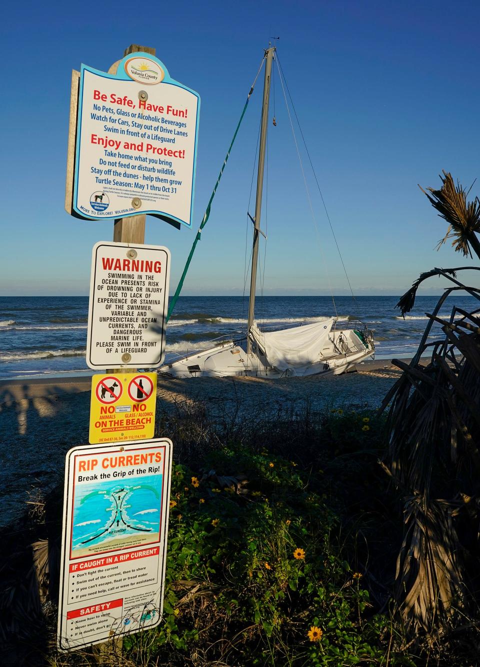 An abandoned sailboat rests on the beach in New Smyrna Beach at the Drum Avenue beach walkover, Monday, Jan. 29, 2024.