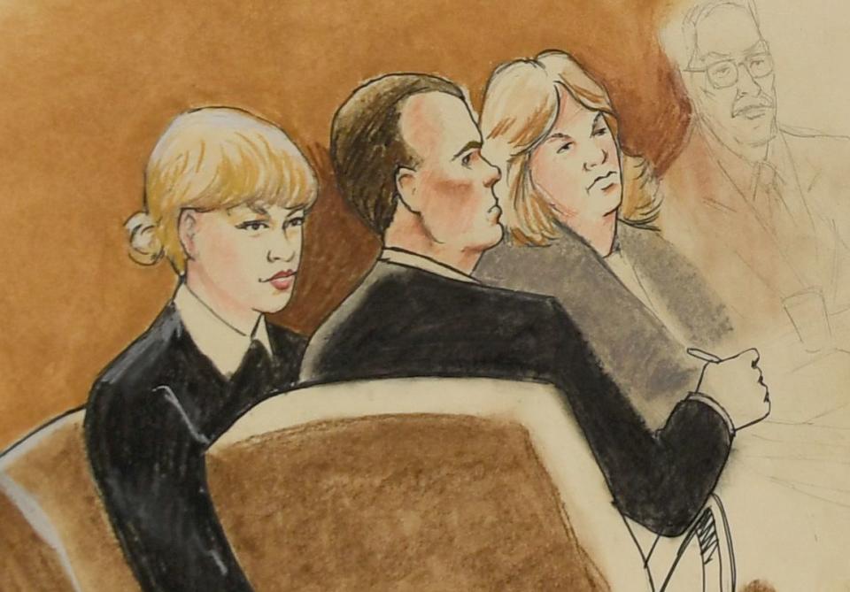A courtroom sketch by artist Jeff Kandyba of Taylor Swift in court. (Photo: RJ Sangosti via Getty Images)