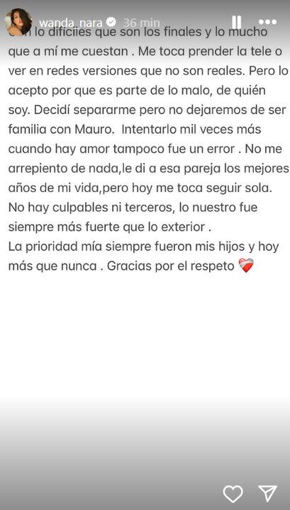 El mensaje de Wanda tras la separación de Mauro Icardo (Foto: captura Instagram/@wanda_nara)