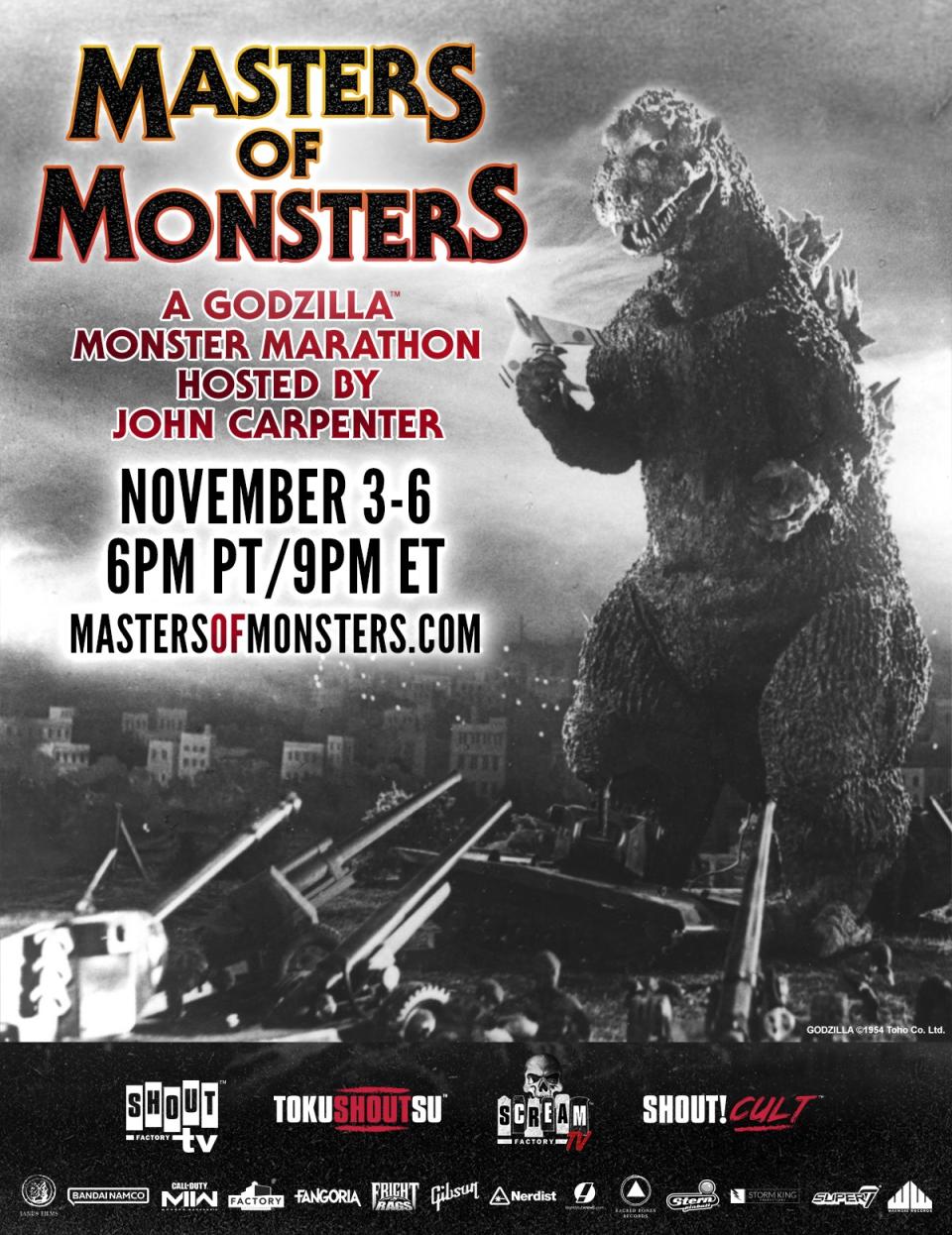 Key Art for Shout Factory TV's Masters of Monsters weekend featuring John Carpenter and Godzilla.