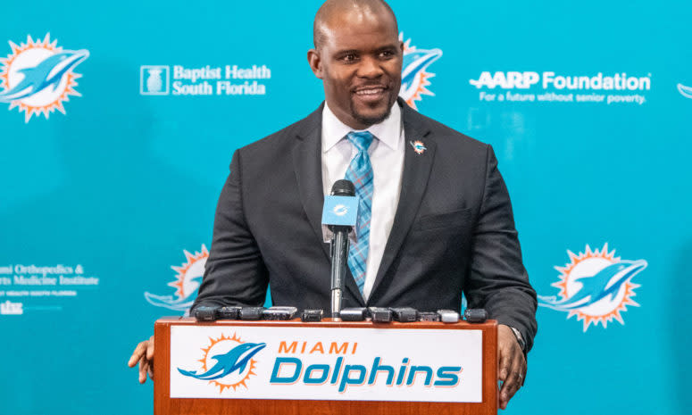 Brian Flores speaking to the media after being named the Miami Dolphins head coach.