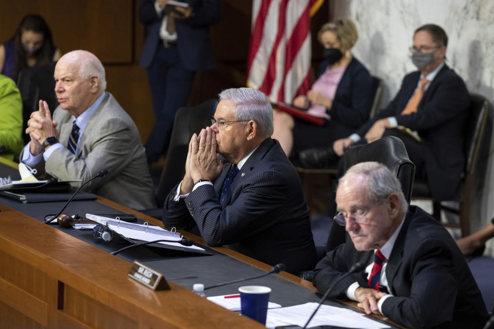 Members of the Senate Foreign Relations Committee, from left, Sen. Ben Cardin, D-Md., Sen. Bob Menendez, D-N.J., and Sen. Jim Risch, R-Idaho, meet on Capitol Hill in Washington, Wednesday, Aug. 4, 2021. (AP Photo/Amanda Andrade-Rhoades)