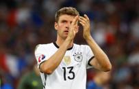 Football Soccer - Germany v France - EURO 2016 - Semi Final - Stade Velodrome, Marseille, France - 7/7/16 Germany's Thomas Muller applauds fans as he reacts at the end of the match REUTERS/Michael Dalder Livepic