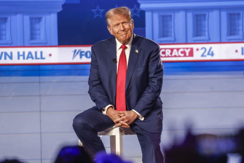 Former President Donald Trump participates in a Fox News Town Hall event at the Iowa Events Center in Des Moines, Iowa, on January 10. Photo by Tannen Maury/UPI