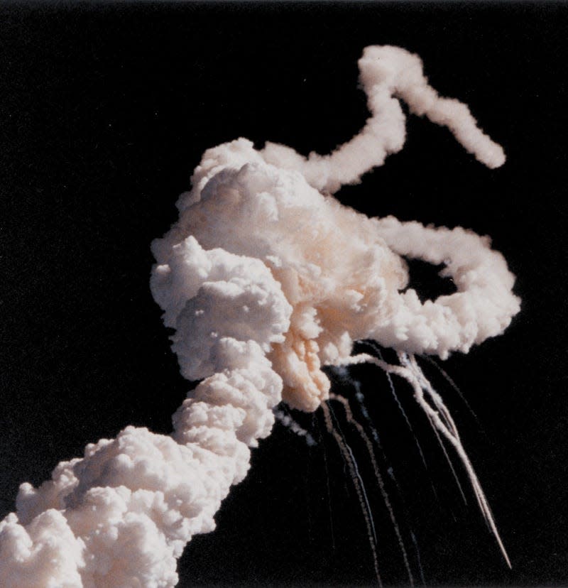 A plume of smoke from the Challenger explosion.