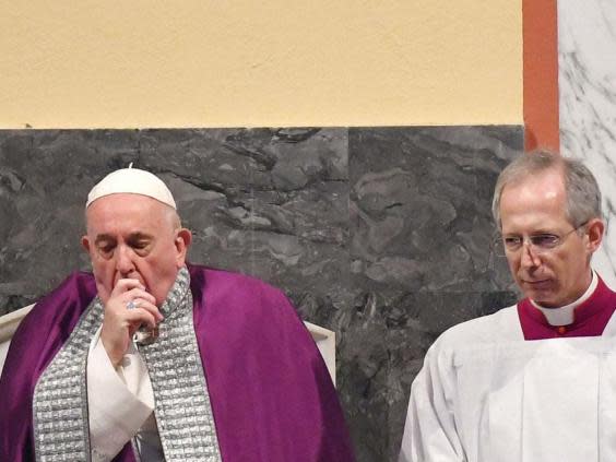 The Pope was seen coughing and blowing his nose during the Ash Wednesday service (AFP via Getty Images)