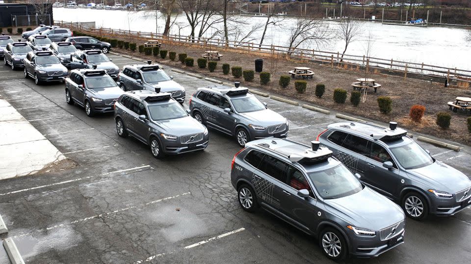 A fleet of self-driving vehicles used for test drives conducted by Uber Technologies. Source: Getty