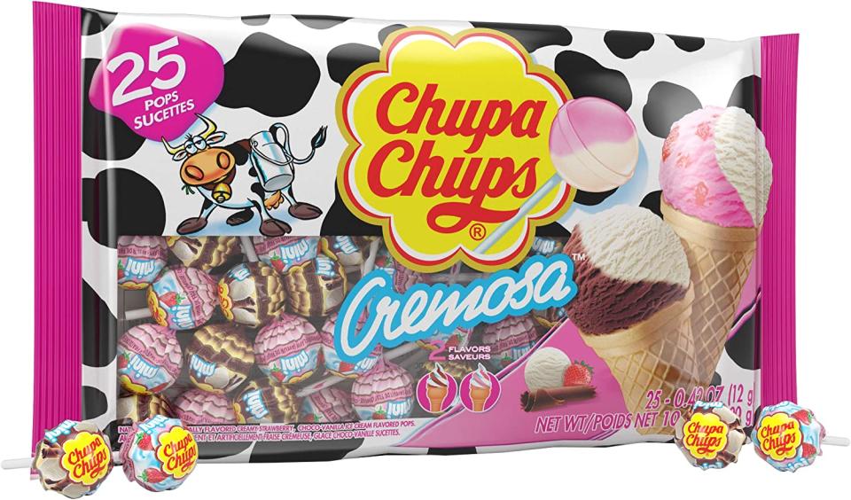 Chupa Chups (1) bag Cremosa Lollipops Candy 2 Ice Cream Flavors - Strawberry and Cream, Choco-Vanilla - Fat, Peanut & Gluten Free 25 pieces. Image via Amazon.