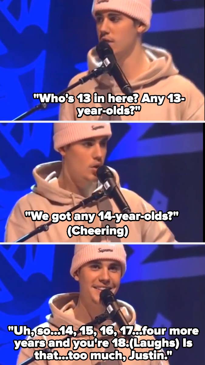Closeups of Justin Bieber asking if there are any 14-year-olds in the crowd and saying it's only 4 years until they're 18