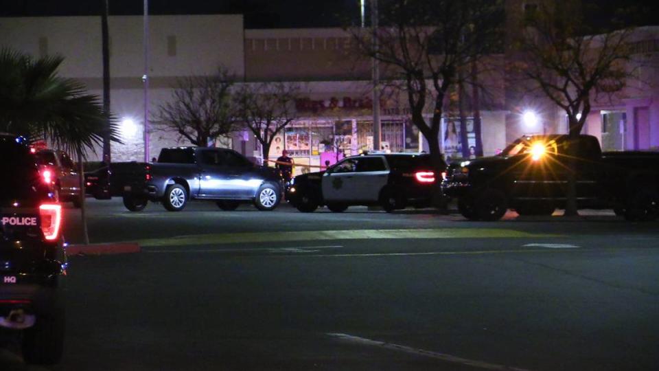 Fresno Police investigate an officer-involved shooting near the department’s substation on Saturday, March 18, 2023. The man later died at the hospital.