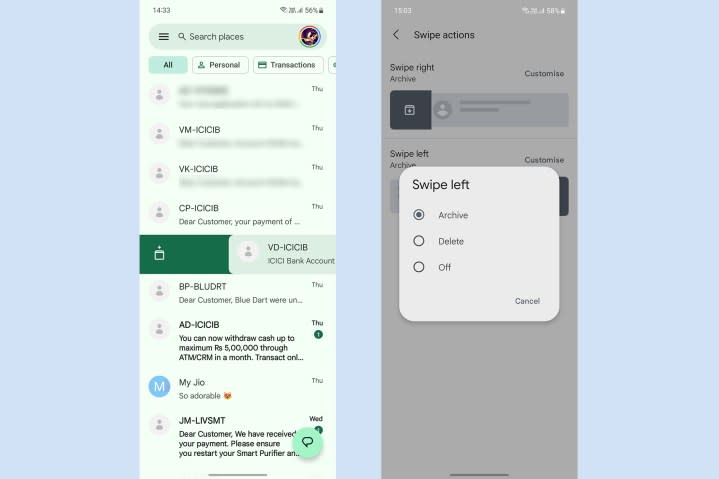 Google Messages swipe gestures to delete or archive messages.