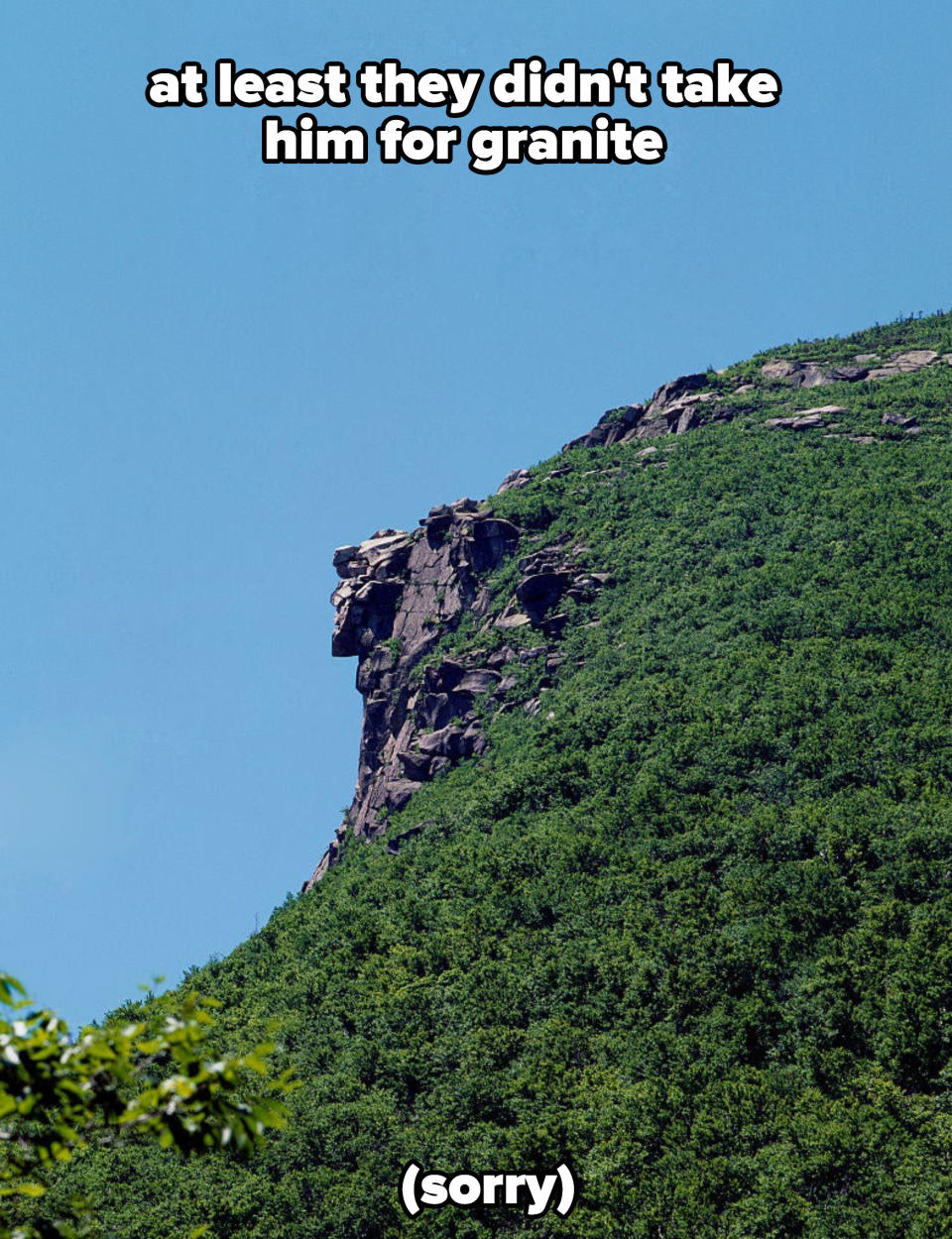 the old man of the mountain prior to its collapse, with caption: at least they didn't take him for granite (sorry)