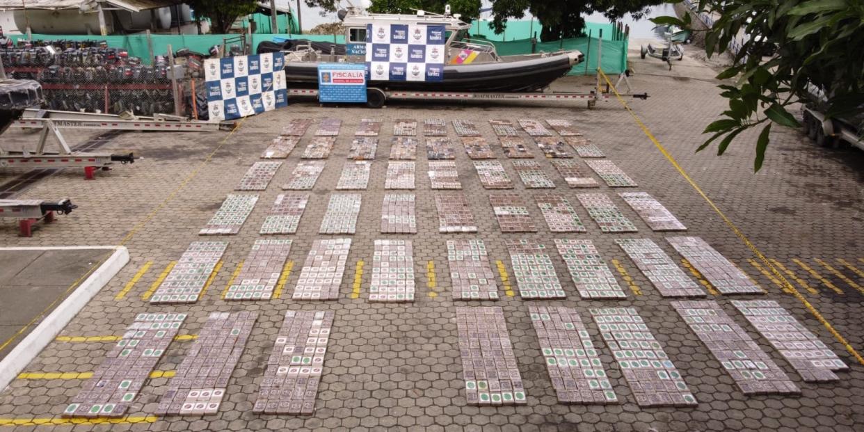 Rows of cocaine discovered on the submarine that was seized in the Pacific by the Colombian navy.