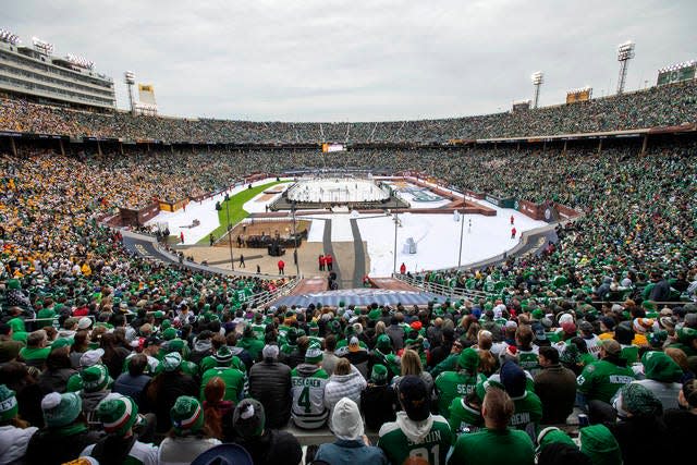 The second largest crowd to ever watch an NHL hockey game fills the Cotton Bowl during the second period of the Winter Classic between the Dallas Stars and the Nashville Predators in Dallas, Jan. 1, 2020.