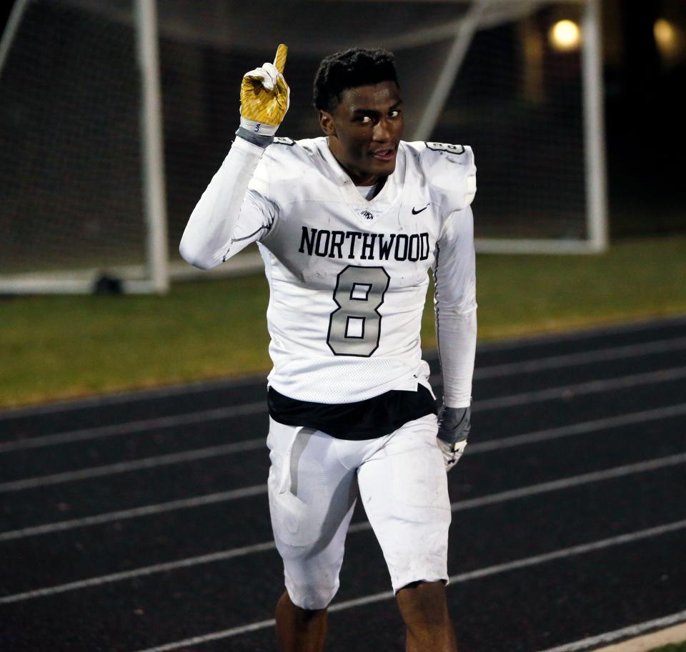 NorthWood senior Jo'Ziah Edmond celebrates after an interception during the IHSAA Class 4A football semistate championship game against Leo Friday, Nov. 17, 2023, at Leo High School.